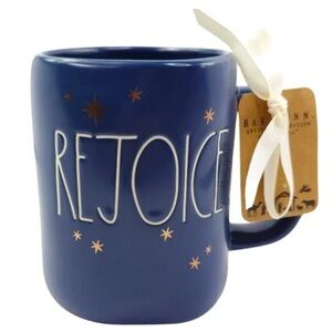 Rae Dunn 'Rejoice' Mug with Star Accents Beautiful dark navy blue